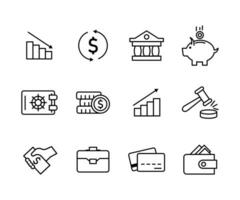 Vector black line icon set financial. Business symbol illustration technology and chart growth. Investment datum design and banking management commerce. Market editable stroke