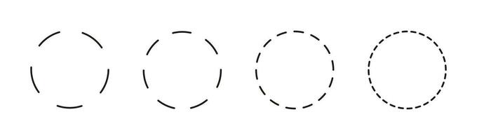 Set of dashed circle flat icons. Broken rings. Dotted ring symbol. Simple dashed round lines. Abstract graphic element. Round cut line. Vector template. Graphic illustration.