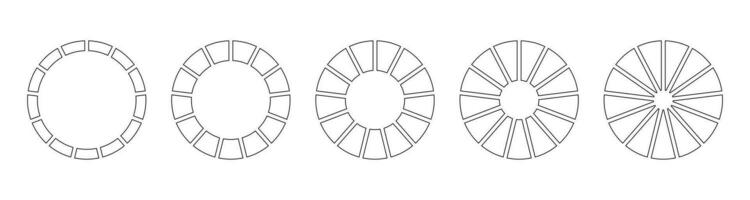 Circle division on 13 equal parts. Wheel divided diagrams with  thirteen segments. Set of simple infographic. Coaching blank. Circles section graph line art. Outline donut charts or pies icons. vector