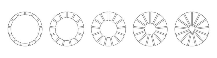 circulo división en 13 igual partes. rueda dividido diagramas con trece segmentos conjunto de sencillo infografía. entrenamiento blanco. círculos sección grafico línea Arte. contorno rosquilla cartas o pasteles iconos vector