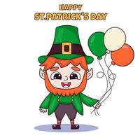 St. Patricks day leprechaun cute character holding a balloons in Ireland flag colors vector