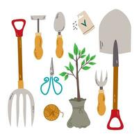 Garden tool, vector garden tool, rake or shovel,scissors, seedling, seed gardener, farmer collection or farm set, illustration isolated on white