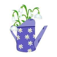 Snowdrops in a watering can. Spring bouquet. Gardening illustration.Happy Spring Moments. Flat minimal design. vector