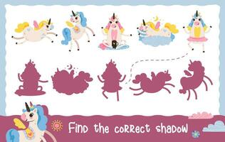 Find the correct shadow with a unicorns. Educational game for children. Cartoon vector illustration