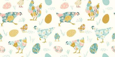 Happy Easter. Vector seamless pattern with abstract chickens. Design element.