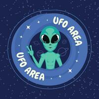 Cute cartoon alien UFO sticker Vector