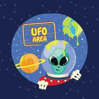 Cute cartoon alien UFO sticker Vector