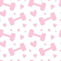 Pink dumbbells and hearts vector seamless pattern