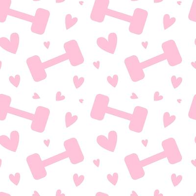 Pink dumbbells and hearts vector seamless pattern