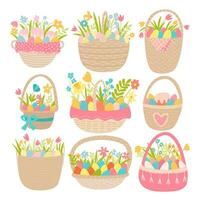 Different Easter wicker baskets cartoon set. Spring flowers and colored eggs in cute Easter basket vector set