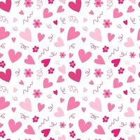 Pink hearts vector seamless pattern. Different hearts and flowers vector pattern on white background