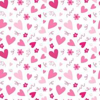 Pink hearts vector seamless pattern. Different hearts and flowers vector pattern on white background