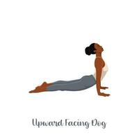 Woman practicing urdhva mukha svanasana exercise flat vector illustration. Yoga practice. Girl doing upward facing dog pose.