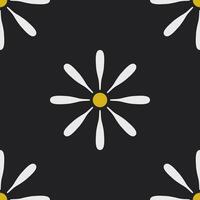 White flower petal with yellow pollen on plain black background, tileable seamless pattern with geometric art style vector