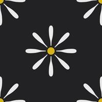 blanco flor pétalo con amarillo polen en llanura negro fondo, Enlosables sin costura modelo con geométrico Arte estilo vector