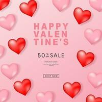 Valentine's day posters set. 3d hearts background with place for text. Romantic sale banners templates, vouchers or invitation cards. Vector illustration.