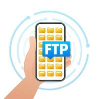 Hand holding a smartphone with FTP File Transfer Protocol icon and folders, concept for file sharing and data management vector