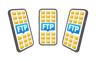 FTP File Transfer Protocol Concept with Folders on Smartphone Screen Vector Illustration for Data Sharing and Network Communication