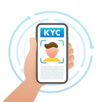 Digital KYC verification process on a smartphone screen with facial recognition technology, vector illustration for secure online identification