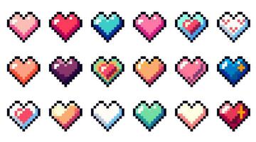 Set of different colorful hearts in pixel art style. Pixel icon, vector illustration isolated on white background. Vector 8-bit retro style illustration