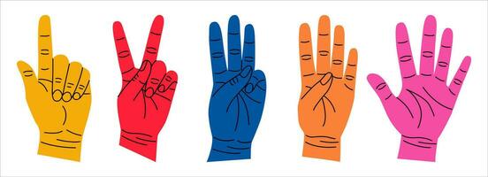 Set of colorful hands with different gestures. Hands show one, two, three, four, five. Hand drawn vector illustration isolated on white background. Modern trendy flat cartoon style.