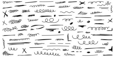 Vector graphic highlight of brush pen.Set of cute doodle underline for notes.Hand drawn abstract collection of highlight, brush and elements.Vector illustration.Vector brush underline for note