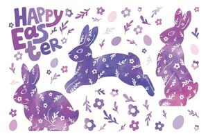 Happy Easter poster. Watercolor drawing of rabbits, flowers, eggs, and text. Gentle beautiful vector illustration.