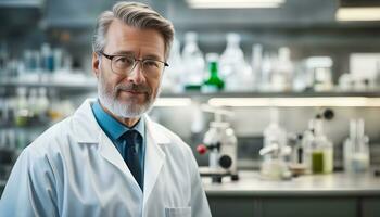 ai generado un hombre en un laboratorio Saco en pie en frente de un laboratorio foto