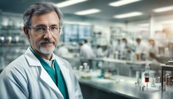 ai generado un hombre en un laboratorio Saco en pie en frente de un laboratorio foto