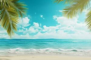 AI generated Palm tree on tropical beach with blue sky and white clouds abstract background. Copy space of summer vacation and business travel concept. Vintage tone filter effect color style. photo