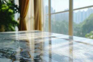 AI generated Marble table top on blur room interior with window curtain background. generative ai. photo