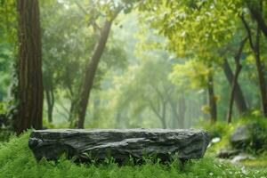 AI generated Stone podium table top floor on grass outdoors blur fresh green tropical forest tree nature background.Organic healthy natural product placement pedestal stand display. generative ai. photo