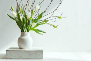 AI generated Empty white box and white tulips in a vase on a light background. Mockup banner, podium for display of advertise product. generative ai. photo