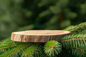 AI generated A round carved slab of wood lies on the branches of spruce, pine, a stand for an object, a podium for cosmetics. Beautiful bokeh of juicy greenery. photo