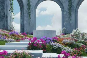 AI generated Abstact 3d render spring scene and Natural podium background, White stone podium on the colorful flowers and grass field backdrop three arch doors for product display advertising. photo