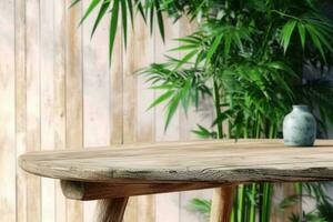 AI generated 3D render background for natural beauty health products overlay display template. Blank empty oak wood table with green bamboo plants, wooden wall. Podium, Stand. generative ai. photo