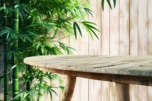 AI generated 3D render background for natural beauty health products overlay display template. Blank empty oak wood table with green bamboo plants, wooden wall. Podium, Stand. generative ai. photo