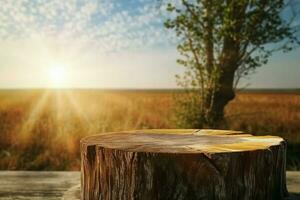 AI generated Wood Podium for products on natural background with sunlight. generative ai. photo