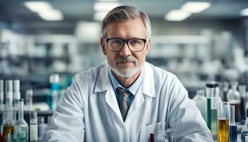 ai generado un hombre en un laboratorio Saco es sentado a un mesa foto