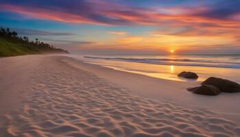 ai generado un hermosa puesta de sol en un playa con rocas y arena foto