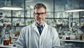 ai generado un hombre en un laboratorio Saco en pie en frente de un laboratorio foto