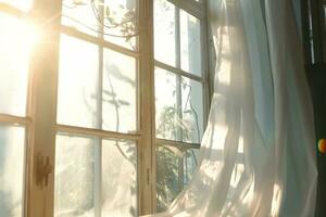 ai generado viento golpes mediante el abierto ventana en el habitación. ondulación blanco tul cerca el ventana. Mañana Dom Encendiendo el habitación, sombra antecedentes superposiciones generativo ai. foto