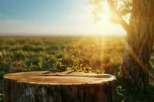 ai generado madera podio para productos en natural antecedentes con luz de sol. generativo ai. foto