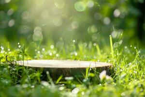 AI generated Round cut of a tree, a pedestal for an object, a podium for cosmetics. Summer sunshine, against the background of lush green grass.. High quality photo. generative ai. photo
