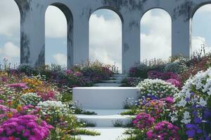 AI generated Abstact 3d render spring scene and Natural podium background, White stone podium on the colorful flowers and grass field backdrop three arch doors for product display advertising. photo