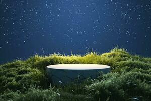AI generated Abstact 3d render Natural background, Stone podium on the grass field, backdrop the stars that shine in the night sky for product display, advertising, cosmetic or etc. generative ai. photo