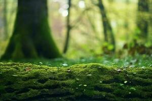 ai generado antiguo descuidado cubierto de musgo árbol maletero en bosque, resumen natural verde antecedentes. hermosa paisaje. primavera o verano estación. monitor para producto. modelo para diseño. largo bandera. foto