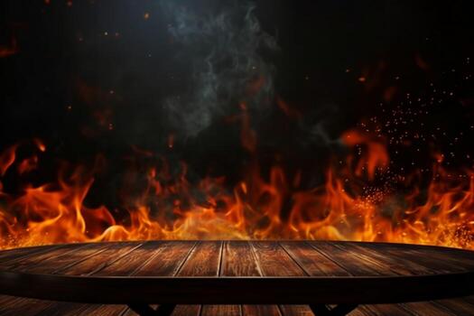 AI generated wooden table with Fire burning at the edge of the table, fire particles, sparks, and smoke in the air, with fire flames on a dark background to display products. generative ai. photo