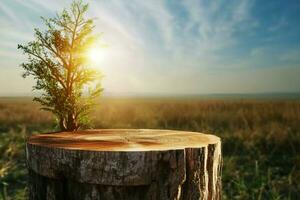 AI generated Wood Podium for products on natural background with sunlight. generative ai. photo