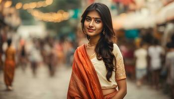 ai generado hermosa indio mujer en sari en calle foto